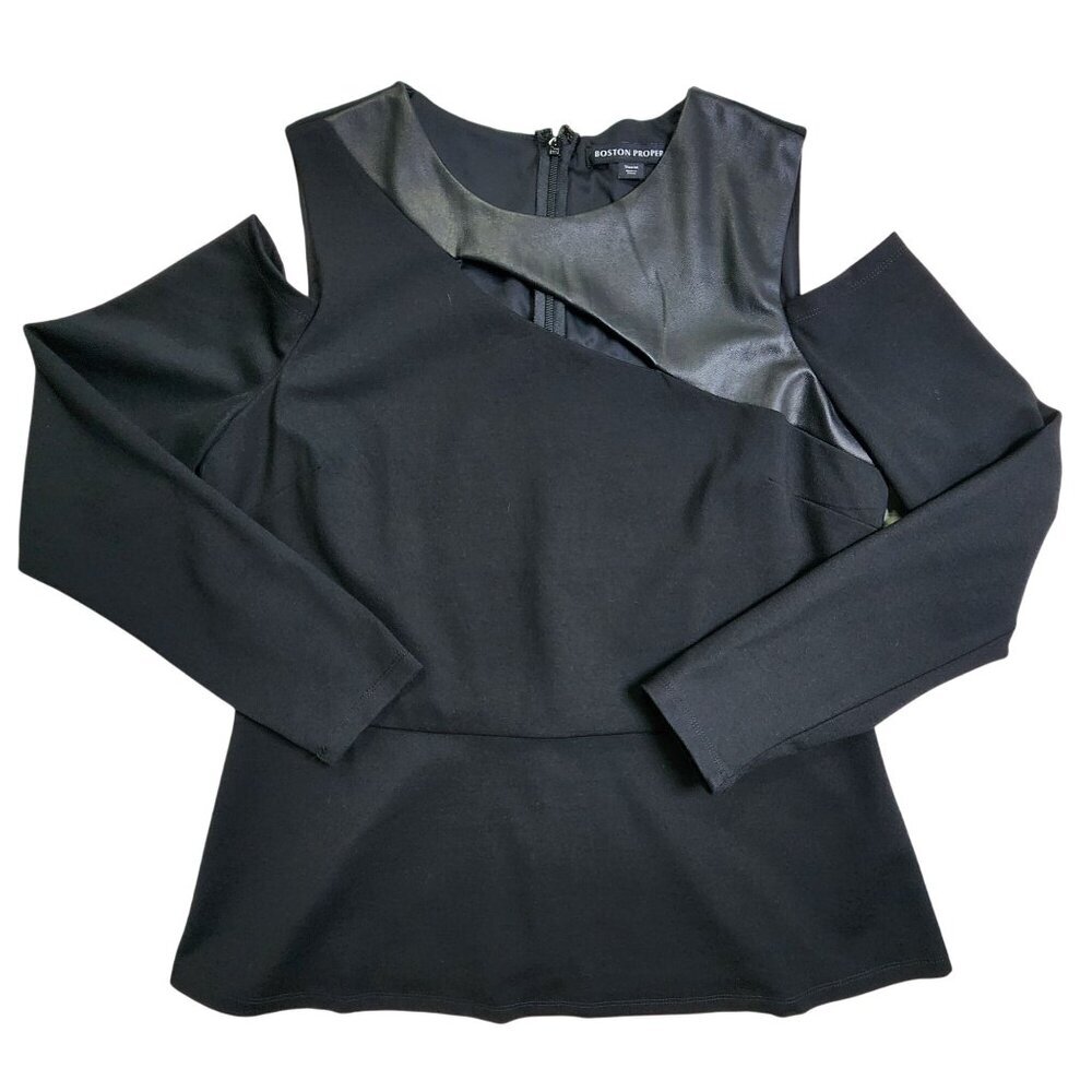 Boston Proper Black Cold Shoulder Top With Faux Leather Trim Medium
